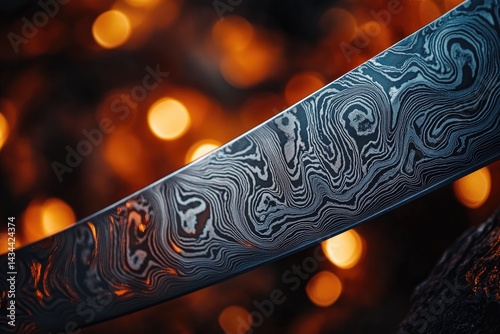 Close-up of a damascus steel blade, showcasing intricate swirling patterns against a warm, bokeh background.