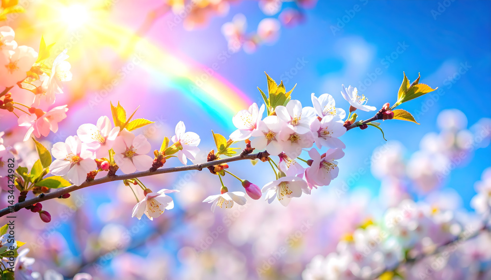 Close-up of cherry blossom branches swaying in the wind, blue sky background, spring renewal Close-up of cherry blossom branches swaying in the wind, blue sky background, spring renewal
