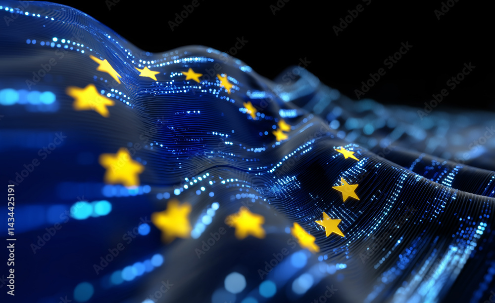 European Union flag rendered as a digital wave with glowing yellow stars on a blue surface symbolizing technology and unity.