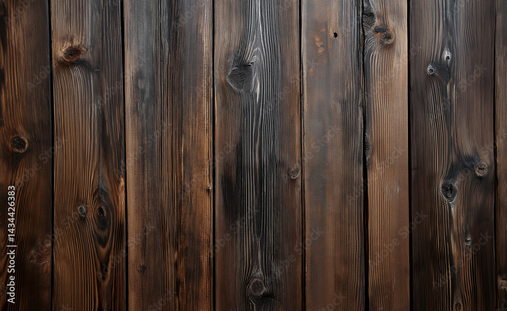 Dark stained wooden planks arranged vertically, showcasing rich textures and natural grain patterns.
