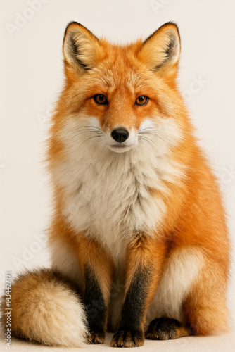 High-resolution close-up portrait of a red fox with striking white and reddish-orange fur, showcased against a clean, neutral background. The fox sits calmly facing the camera, its soft, fluffy textur