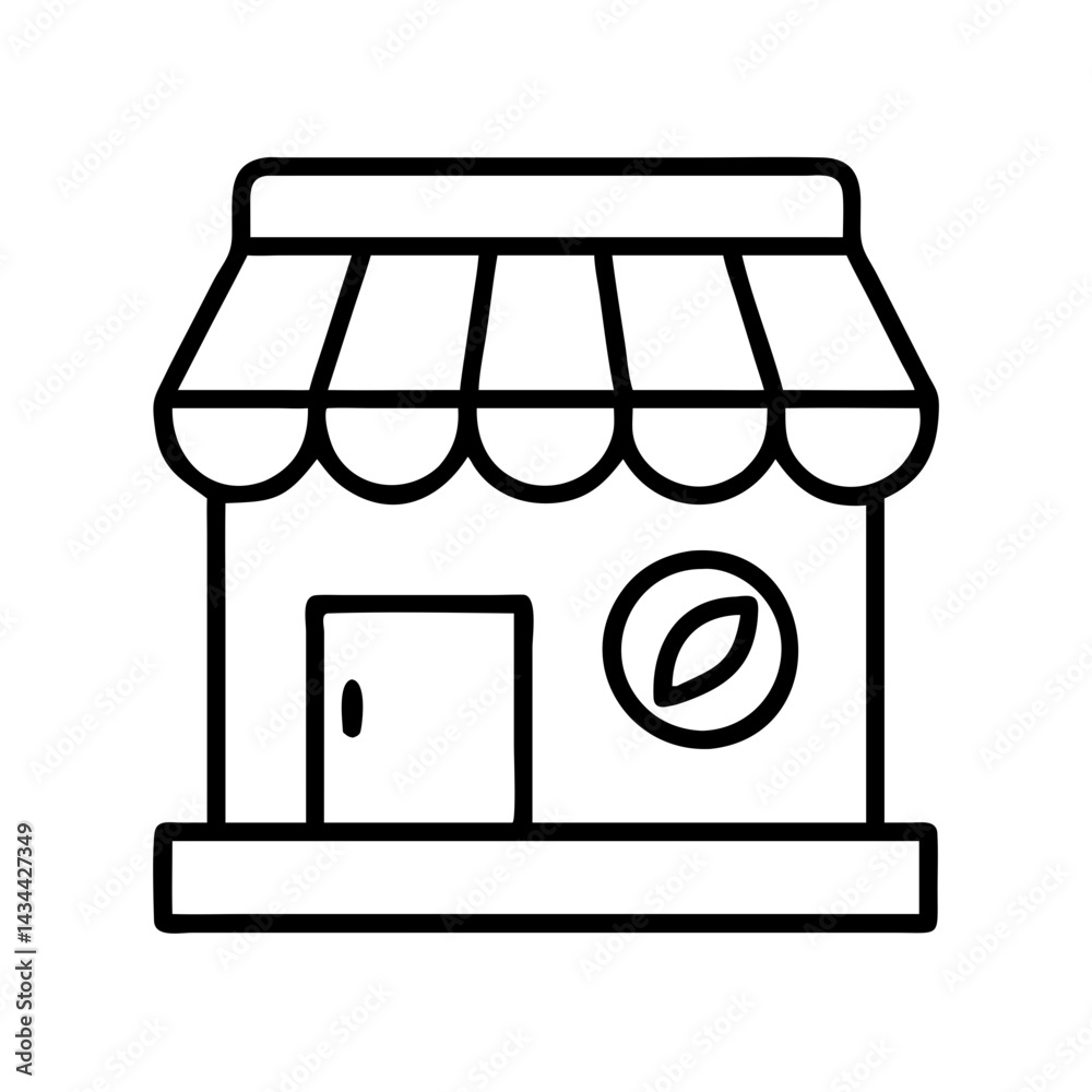 Illustration of coffee shop cafe store front with awning and door line art drawing vector graphic design Illustration of coffee shop cafe store front with awning and door line art drawing vector graphic design