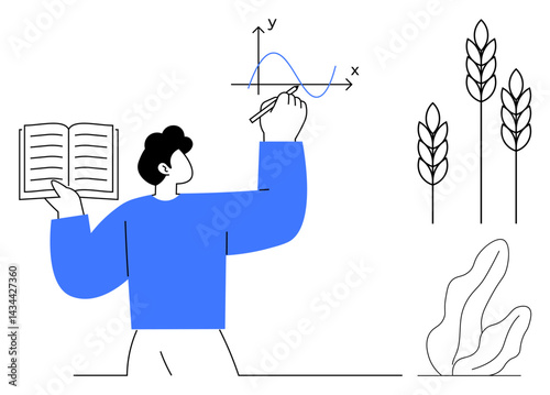 Individual studying graph with a book while surrounded by wheat stalks and plants. Ideal for education, data analysis, agriculture, research, sustainability, study concepts, simple landing page