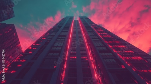 Wallpaper Mural Cityscape, skyscraper, neon lights, dramatic sky, night, urban Torontodigital.ca