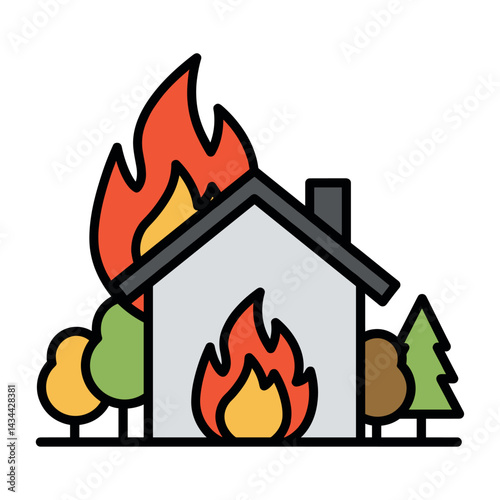 House on fire with flames and trees, illustrating fire hazard and safety issues
