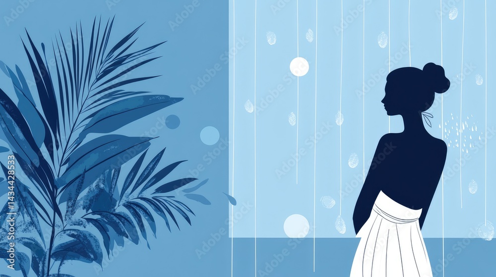 Silhouette of a woman in a bathrobe relaxing by a window during a rain shower. Silhouette of a woman in a bathrobe relaxing by a window during a rain shower.