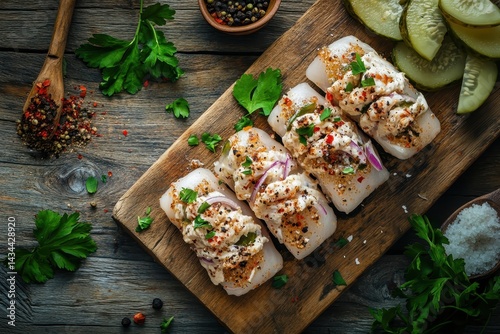 Top view of a fresh delicious rollmops herring appetizer with onions and pickles set against a rustic table background suitable for pescetarians