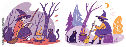 A whimsical witch sitting by a fire, hat tipped back, broomstick stuck in the ground, telling a story to two enchanted cats, potion bottles glowing with eerie light