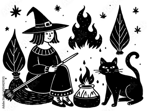A whimsical witch sitting by a fire, hat tipped back, broomstick stuck in the ground, telling a story to two enchanted cats, potion bottles glowing with eerie light