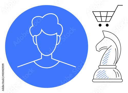 User avatar in blue circle, chess knight for strategy, shopping cart for e-commerce. Ideal for user management, strategy building, online shopping, personal branding, teamwork, marketing