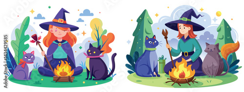 A whimsical witch sitting by a fire, hat tipped back, broomstick stuck in the ground, telling a story to two enchanted cats, potion bottles glowing with eerie light