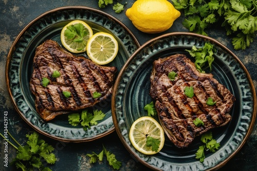 Top view of two plates with grilled Siberian sturgeon steaks garnished with lemon and cilantro photo