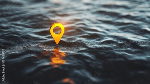 A golden GPS location pin rests on a dark, textured water surface.