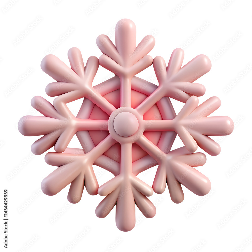 Fototapeta premium Pink snowflake ornament, soft pastel colors, symmetrical design, close-up photography, white background, delicate details, holiday decoration, 3D shape, minimalist aesthetic, gentle lighting