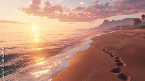Serene Sunset Beach Scene Peaceful Ocean Waves Soft Sand Footprints Tropical Paradise Island Calm Waters Golden Hour Tranquil Coastal Landscape       