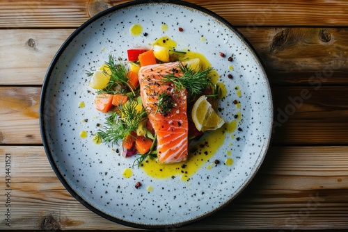 Trout dish Smoked trout fillet with dill lemon and vegetable salad served on a plate Wooden backdrop Aerial view Rustic cuisine photo