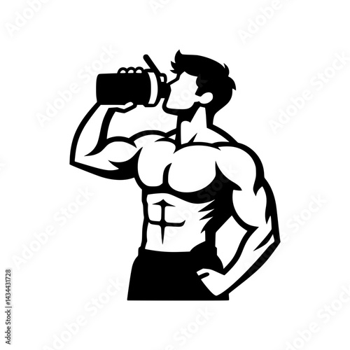 Muscular Man Drinking Protein Shake, Fitness Illustration