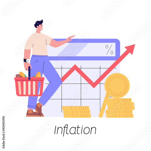 Consumer with shopping cart and grocery prices rising. Increase inflation. Concept of inflation, rising food cost, financial crisis. Vector illustration in flat cartoon design