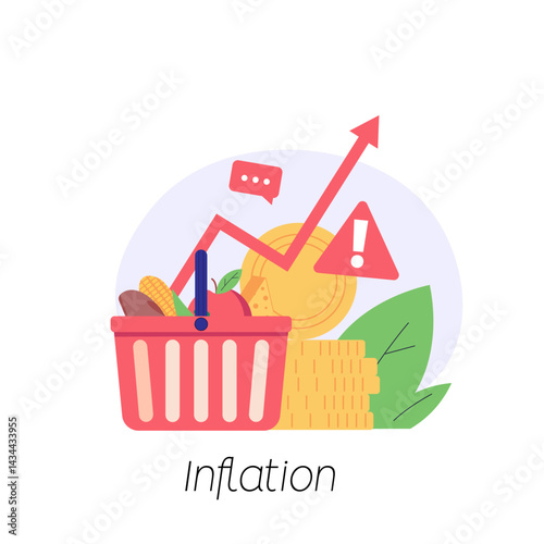 Consumer with shopping cart and grocery prices rising. Increase inflation. Concept of inflation, rising food cost, financial crisis. Vector illustration in flat cartoon design
