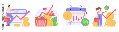 Consumer with shopping cart and grocery prices rising. Increase inflation. Collection of inflation, rising food cost, financial crisis. Vector illustration set in flat design