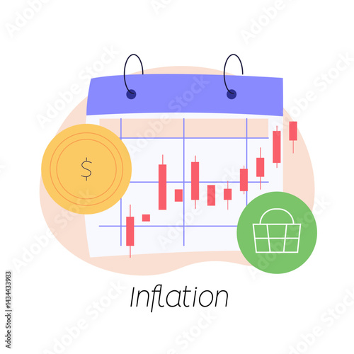 Consumer with shopping cart and grocery prices rising. Increase inflation. Concept of inflation, rising food cost, financial crisis. Vector illustration in flat cartoon design