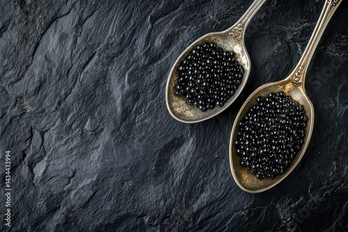 Two antique silver spoons featuring black caviar on a dark slate backdrop Overhead arranged for visuals