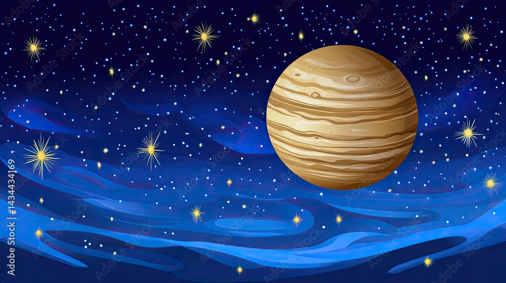 Stunning illustration of Jupiter, the largest planet in our solar system, set against a breathtaking backdrop of a vibrant nebula and twinkling stars. Stunning illustration of Jupiter, the largest planet in our solar system, set against a breathtaking backdrop of a vibrant nebula and twinkling stars.