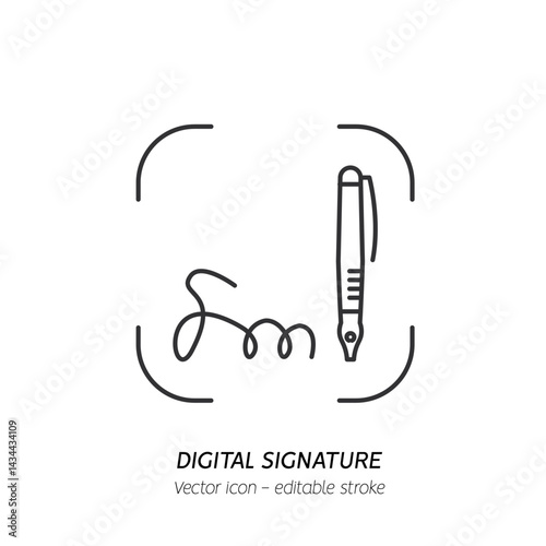 Signing contract with digital pen on phone icon. Digital signature, business contract, electronic contract, e-signature pictogram. Vector illustration flat outline icon. Editable stroke