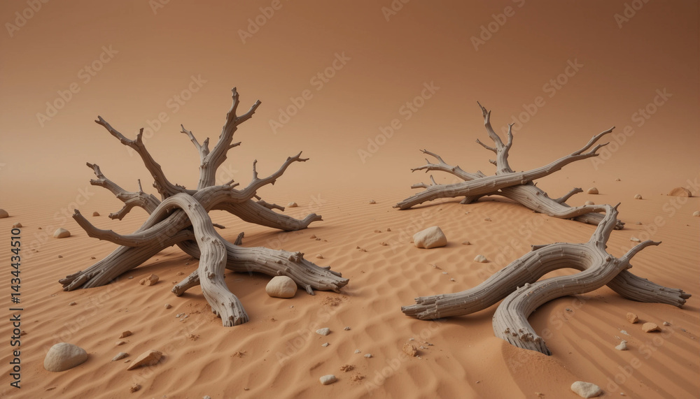 Fototapeta premium Rough Boulders and Weathered Tree Branches on Desert Sand Dunes — Natural Textures and Landscapes