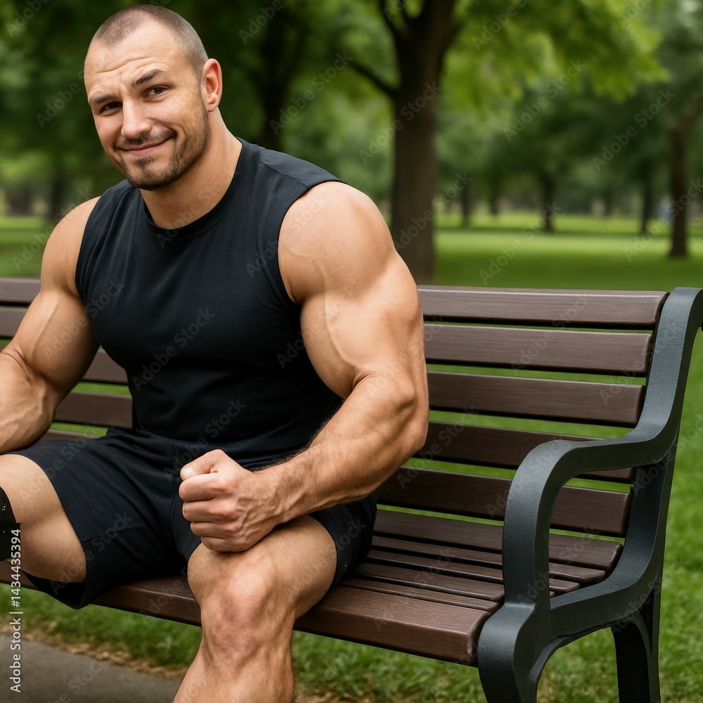 Obraz premium Confidence in prosthetics showcased by muscular man in park setting