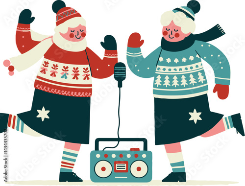 Elderly couple singing joyfully in holiday sweaters with a boombox  