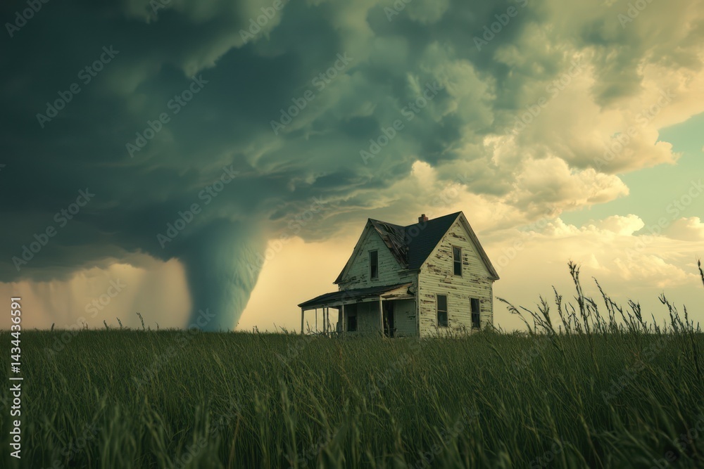 Isolated house in field with tornado approaching in the background Isolated house in field with tornado approaching in the background