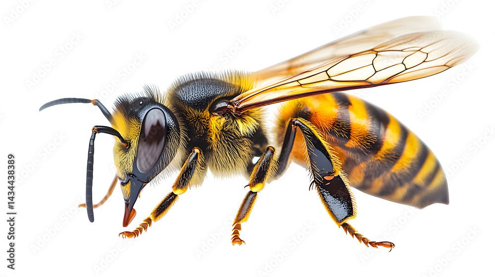 Flying bee with yellow and black stripes, in motion with wings spread, isolated on white background Flying bee with yellow and black stripes, in motion with wings spread, isolated on white background
