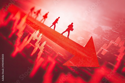 Businessmen walking on a descending red arrow representing stock market crash