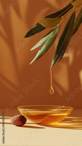 An olive branch with leaves and an acorn on the table, dripping in light brown oil from which drops flow down into a small dish. Loop vertical video.