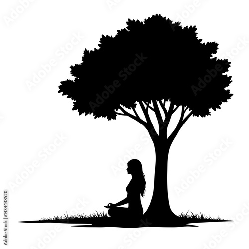 Woman Meditating Under Tree Silhouette for Nature Therapy Mindfulness