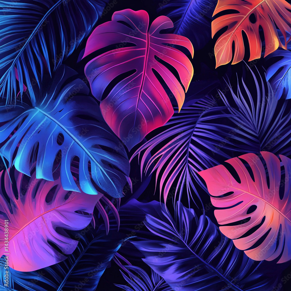 Background of many different tropical leaves in neon colors and lighting. dark background. funky banner. unusual colors. summer background. vegetation