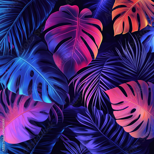 Obraz na płótnie Background of many different tropical leaves in neon colors and lighting. dark background. funky banner. unusual colors. summer background. vegetation w salonie