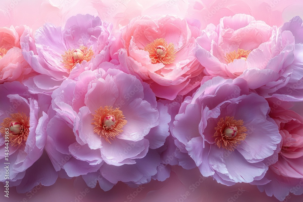 Soft, delicate pink and lavender peony blossoms in close-up view. Soft, delicate pink and lavender peony blossoms in close-up view.