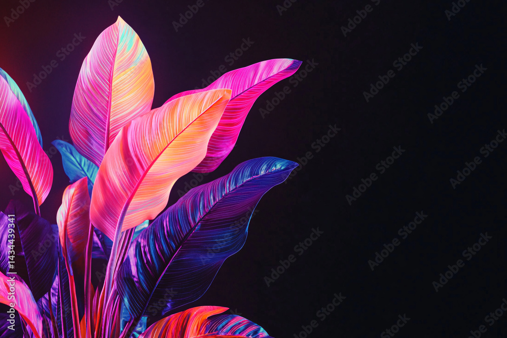 Background of many tropical leaves in neon colors and lighting. dark background. funky banner. unusual colors. summer background. vegetation