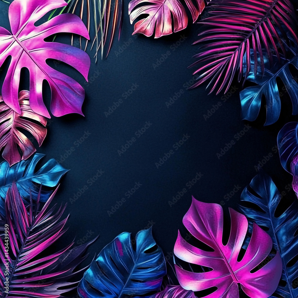 Background of many different tropical leaves in neon colors and lighting. dark background. funky banner. unusual colors. summer background. vegetation