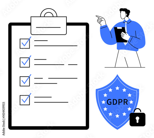 Clipboard with checklist, professional pointing to data protection, GDPR shield with lock. Ideal for compliance, privacy, regulation, security, governance auditing accountability. Flat simple