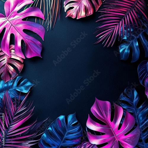 Obraz na płótnie Background of many different tropical leaves in neon colors and lighting. dark background. funky banner. unusual colors. summer background. vegetation w salonie