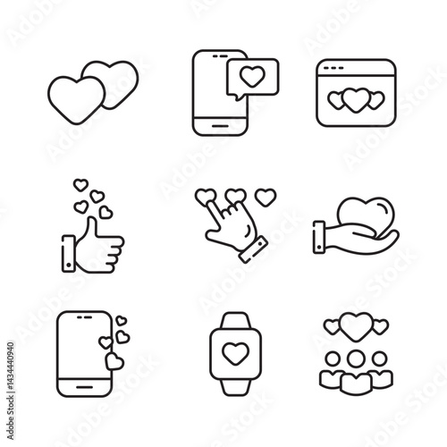 set of social media hearts and likes themed, editable, line art icons