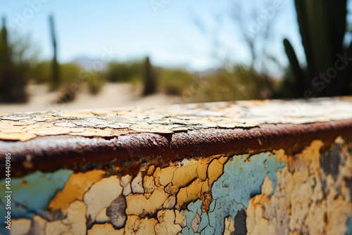 Close-up of weathered, peeling paint on rusty metal in a desert landscape.