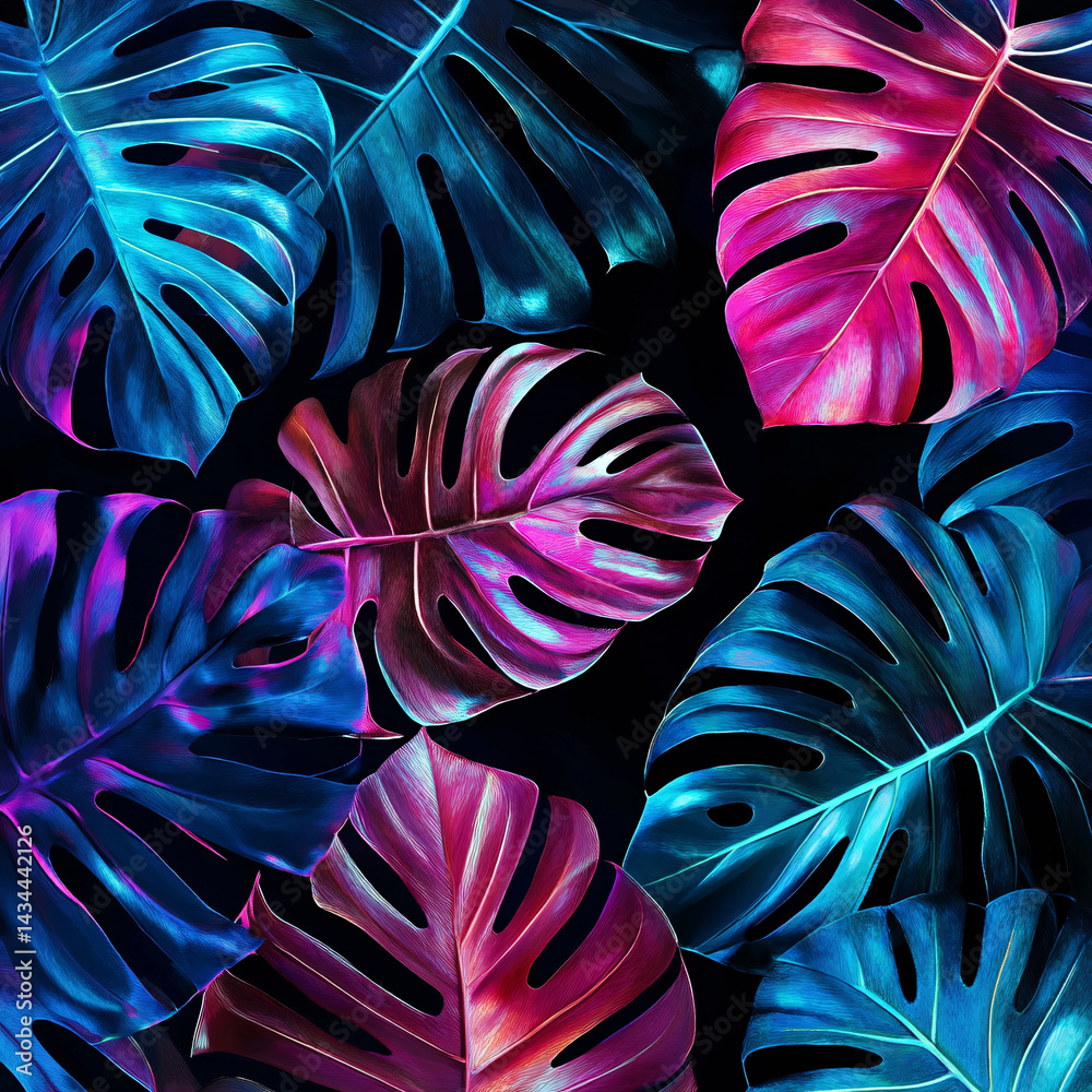 Background of many different tropical leaves in neon colors and lighting. dark background. funky banner. unusual colors. summer background. vegetation