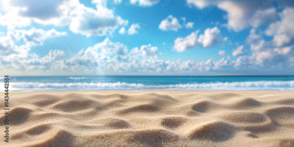 Background with sand in the foreground and sky in the background. summer beach nature with rays of sunlight. golden sand beach. sea water against blue sky with clouds