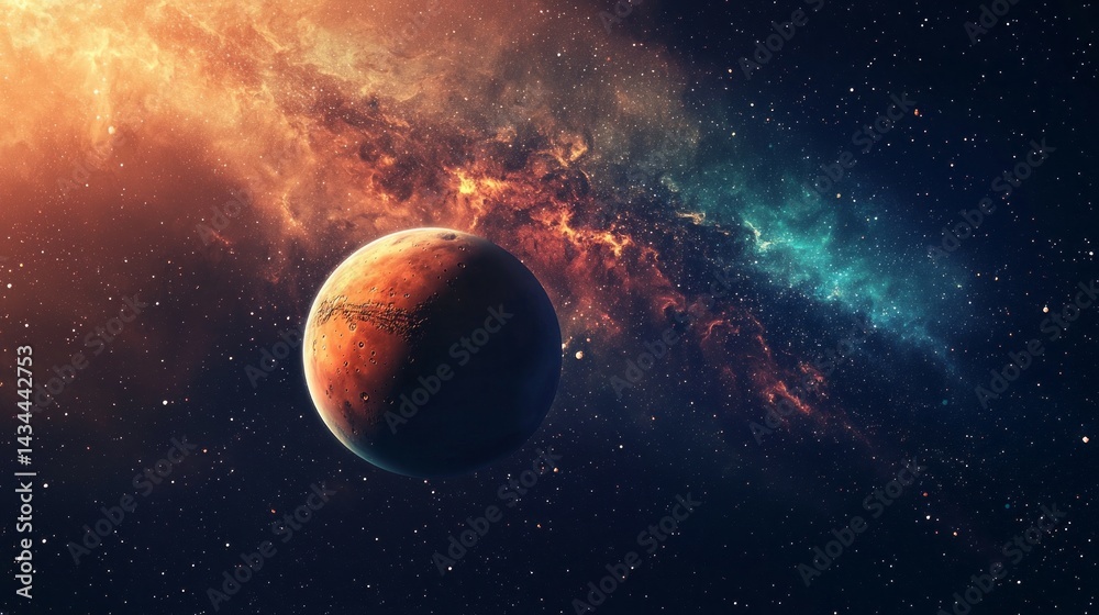 Obraz premium A red planet is in the middle of a colorful galaxy