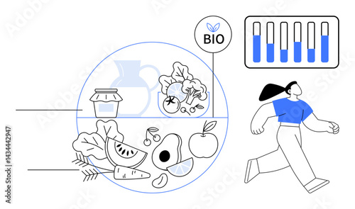 Fresh fruits, vegetables, jar, jug, bio label, bar chart, and woman walking convey health, sustainability and vitality. Ideal for wellness nutrition fitness organic food eco-living
