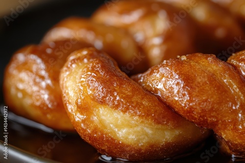 Zoom in on twisted donuts drizzled with maple syrup